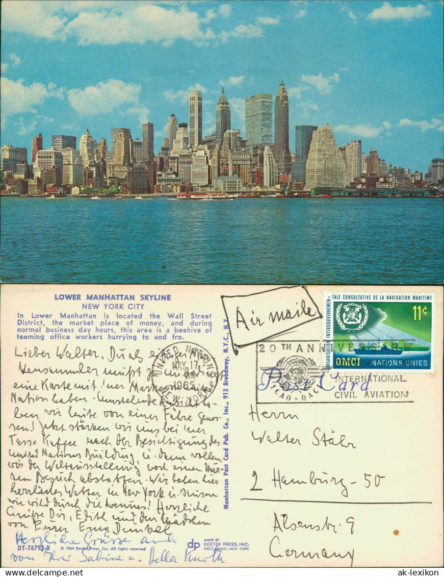 Postcard Manhattan-New York City Lower Skyline 1965  Gel. UN Sonderstempel - Other & Unclassified