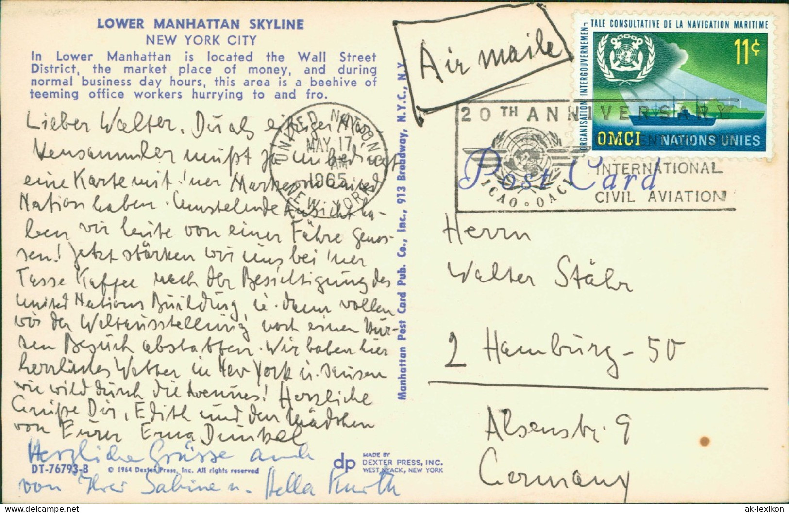 Postcard Manhattan-New York City Lower Skyline 1965  Gel. UN Sonderstempel - Andere & Zonder Classificatie