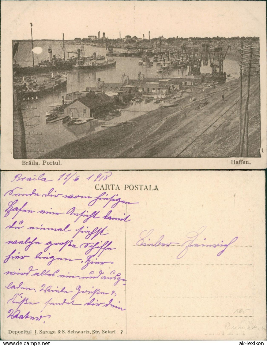 Postcard Braila Brăila Hafen, Kräne - Dampfer Steamer 1918 - Romania