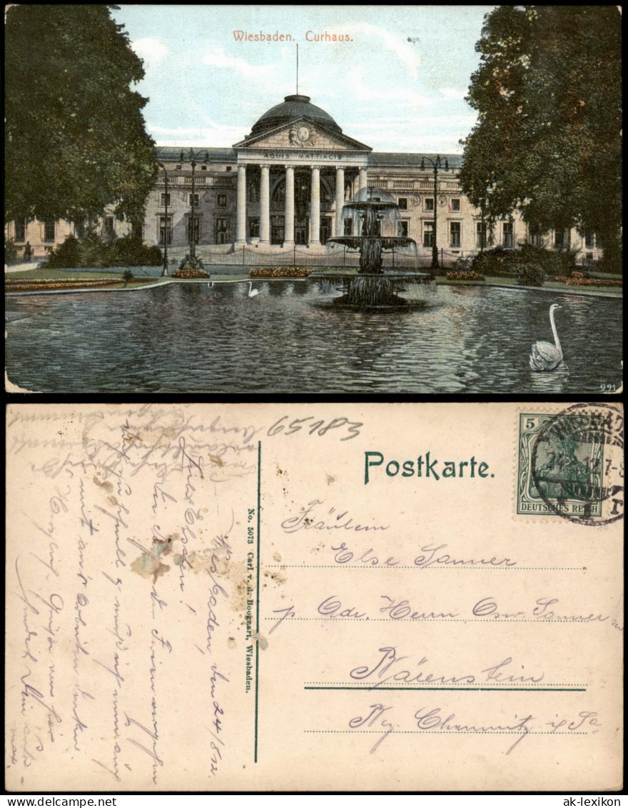 Ansichtskarte Wiesbaden Kurhaus, Springbrunnen Wasserspiele 1912 - Wiesbaden