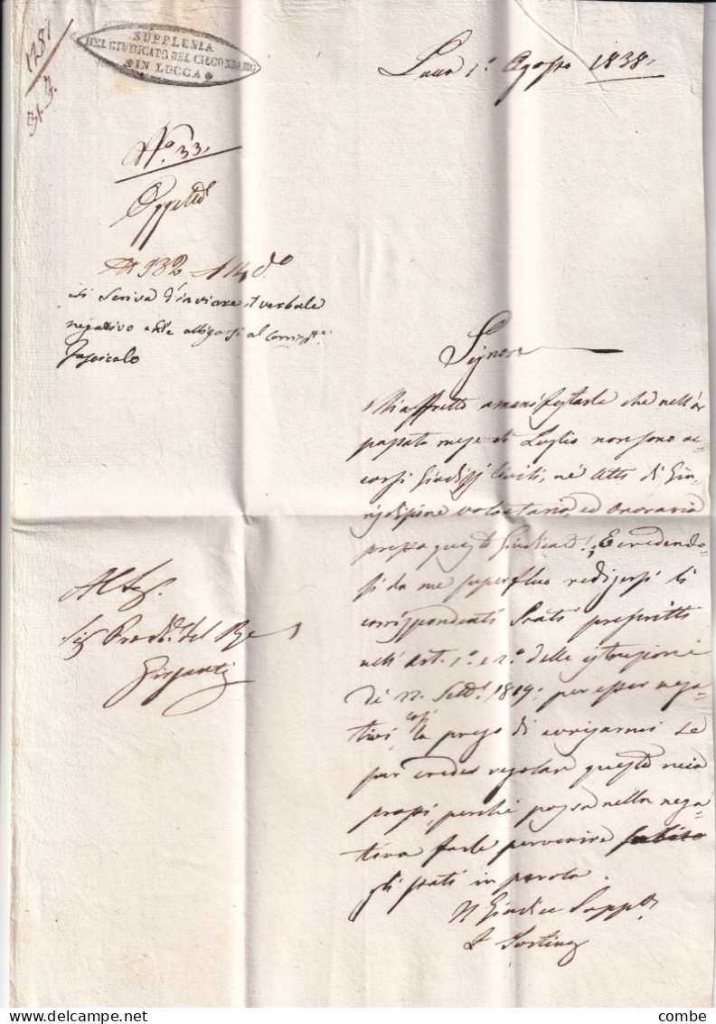 LETTERA. 1838. SUPPLENIA DEL CUIDICATO DEL CIECONDAMO IN LUCCA . VILLAFRANCA - ...-1850 Voorfilatelie