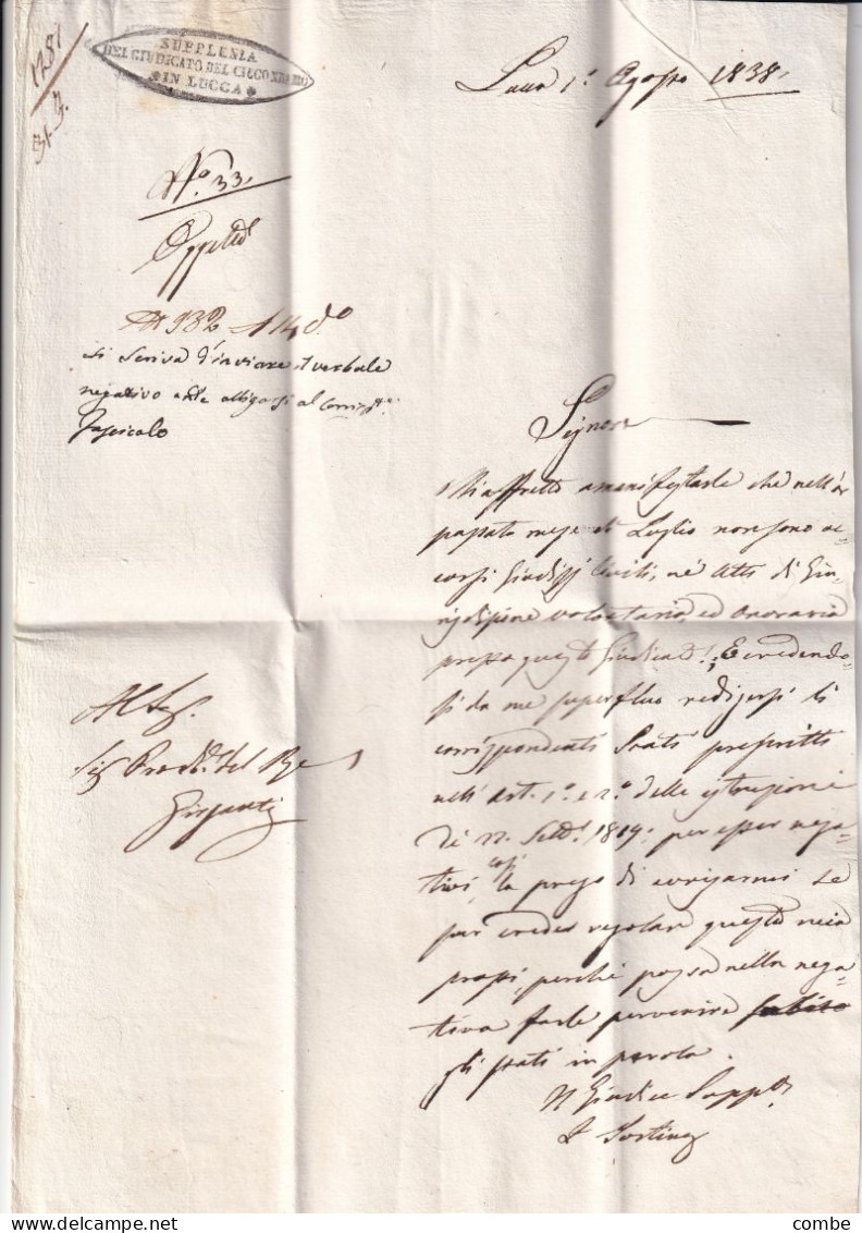 LETTERA. 1838. SUPPLENIA DEL CUIDICATO DEL CIECONDAMO IN LUCCA . VILLAFRANCA - 1. ...-1850 Prephilately