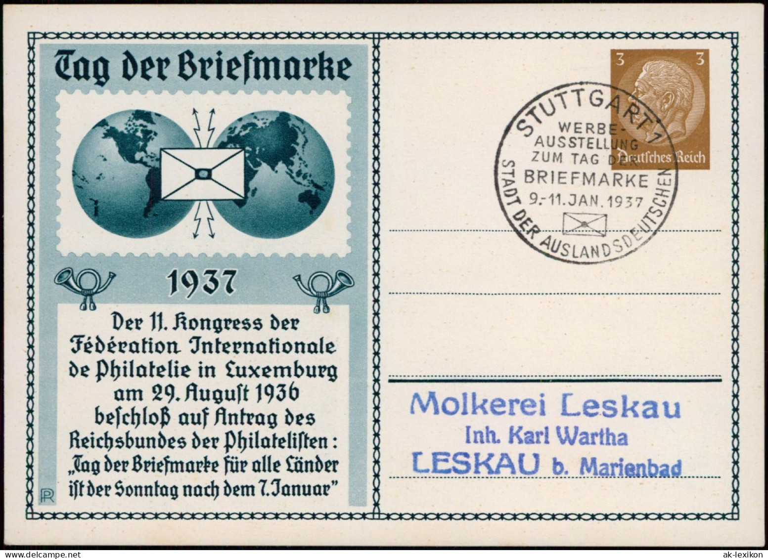 Ganzsache  Tag Der Briefmarke Der 11. Kongress 1937  Sonderstempel Marienburg - Non Classés