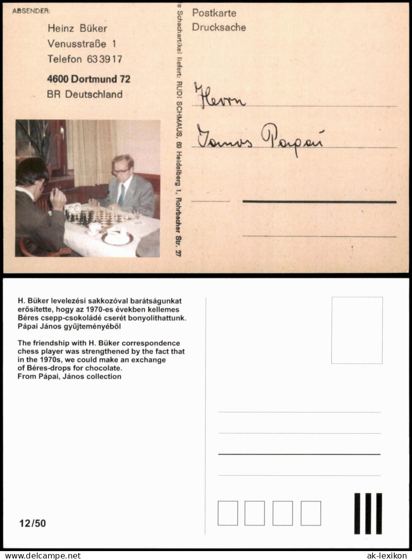 Schach-Motiv-/Korrespondenzkarte (Chess) Foto Mit Schachspieler 1990 - Zeitgenössisch (ab 1950)