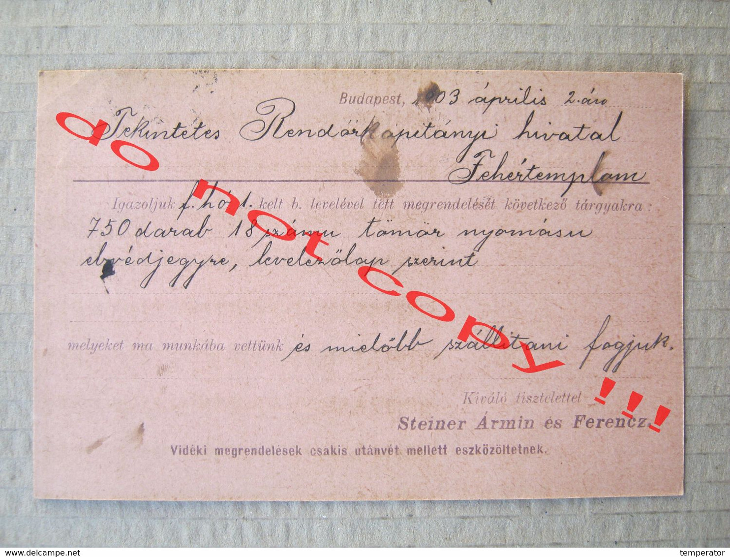 STEINER ÁRMIN ÉS FERENCZ, Budapest ( 1903 ) From Budapest To Fehertemplom ( Bela Crkva ) - Ganzsachen