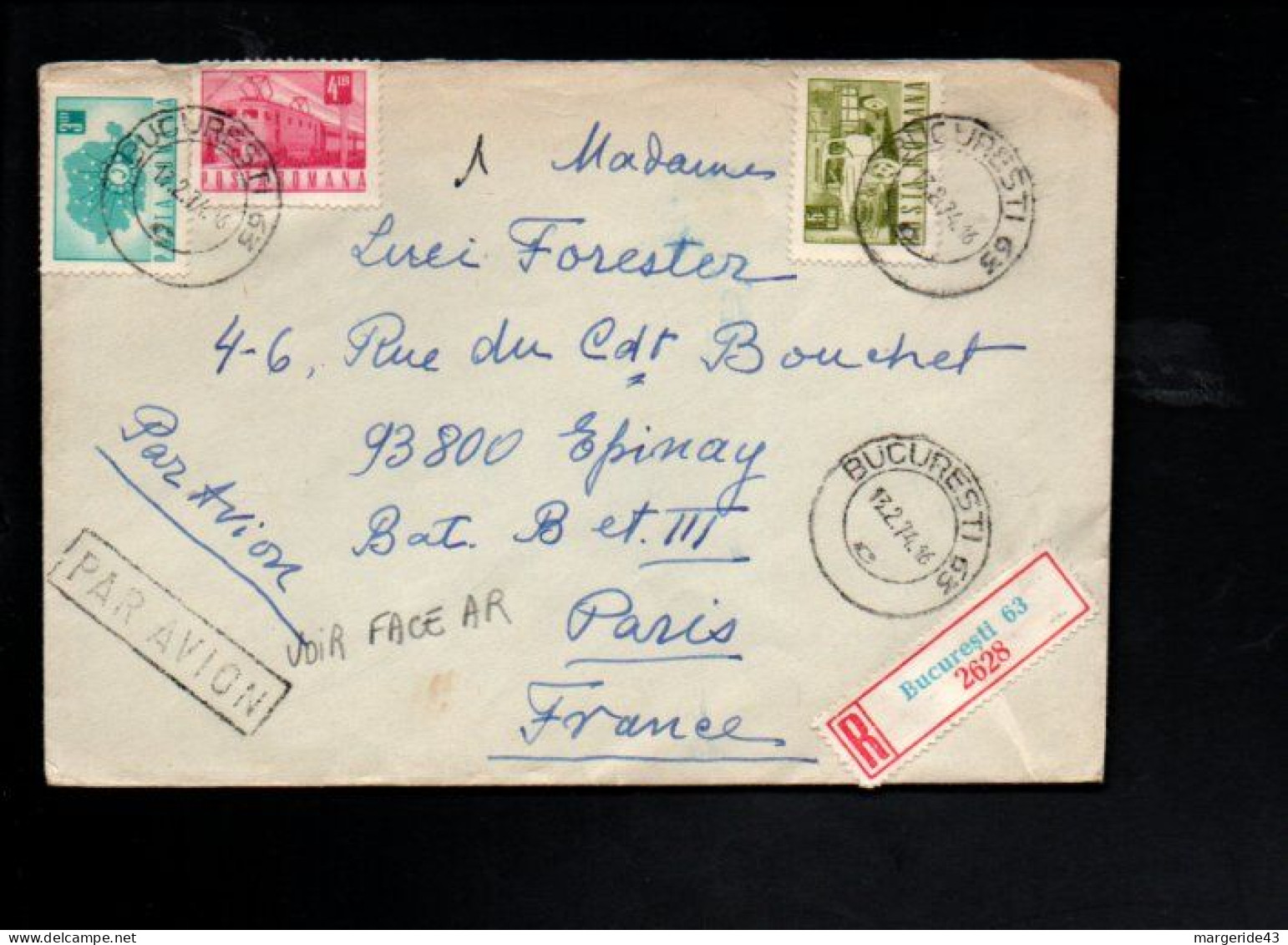 ROUMANIE AFFRANCHISSEMENT COMPOSE SUR  LETTRE AVION RECOMMANDEE POUR LA FRANCE 1974 - Covers & Documents