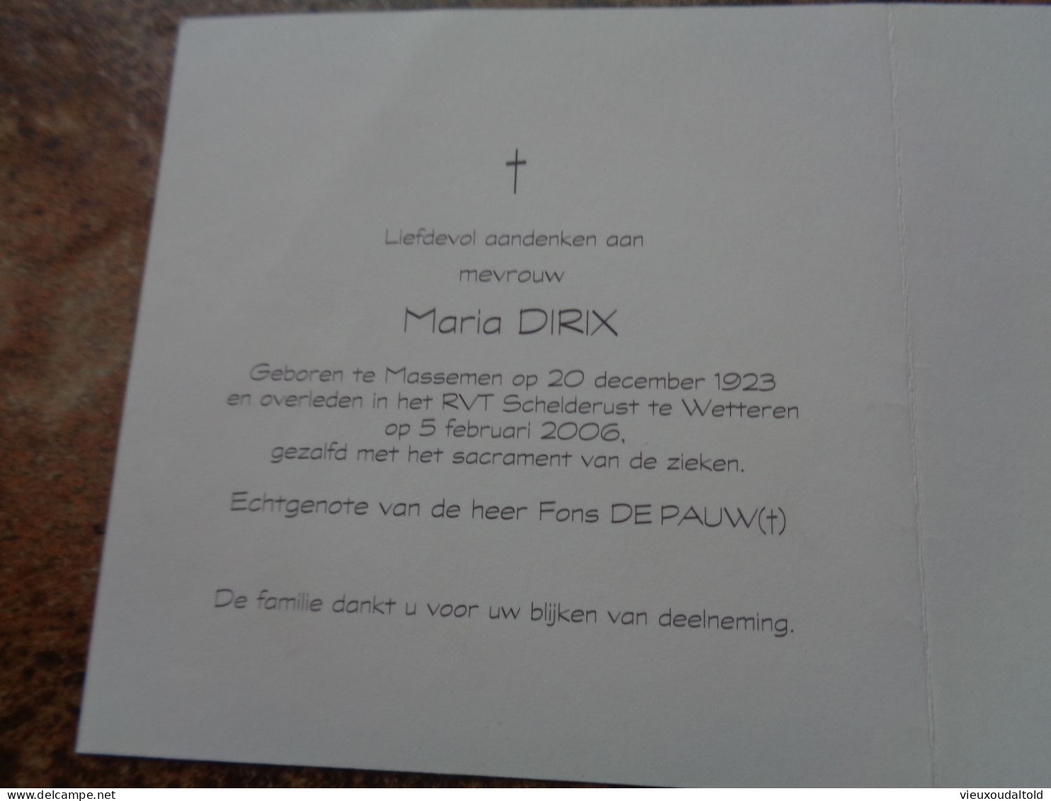 Doodsprentje/Bidprentje  Maria DIRIX   Massemen 1923-2006 Wetteren  (Wwe Fons DE PAUW) - Religion &  Esoterik