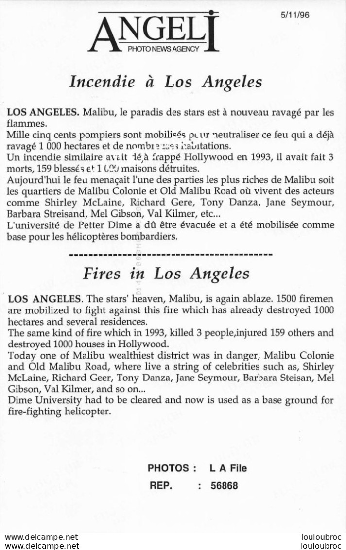 LOS ANGELES 10/1996 INCENDIE INTERVENTION DES POMPIERS PHOTO DE PRESSE AGENCE ANGELI FORMAT 27 X 18 CM R12 - Lugares