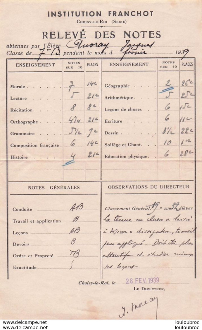 CHOISY LE ROI INSTITUTION FRANCHOT BULLETIN DE NOTES 1939 ELEVE AUVRAY JACQUES - Diplômes & Bulletins Scolaires