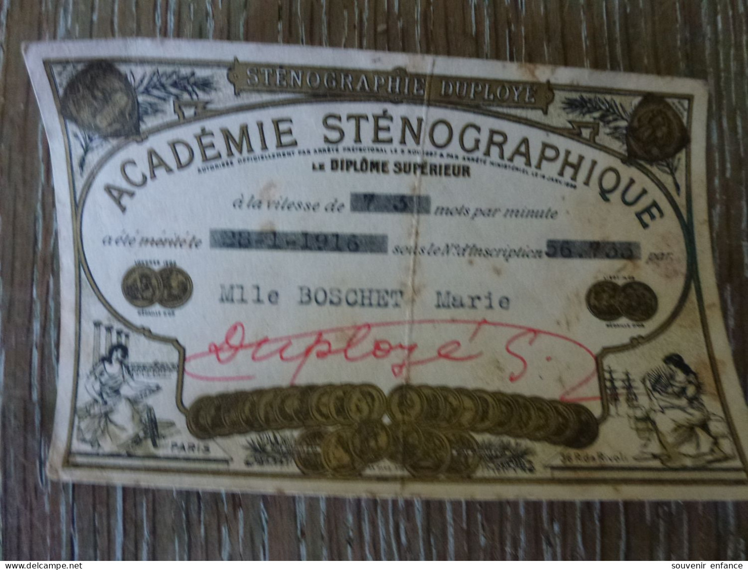 Académie Sténographique Diplôme Supérieur 73 Mots Par Minute 1916 - Diplome Und Schulzeugnisse