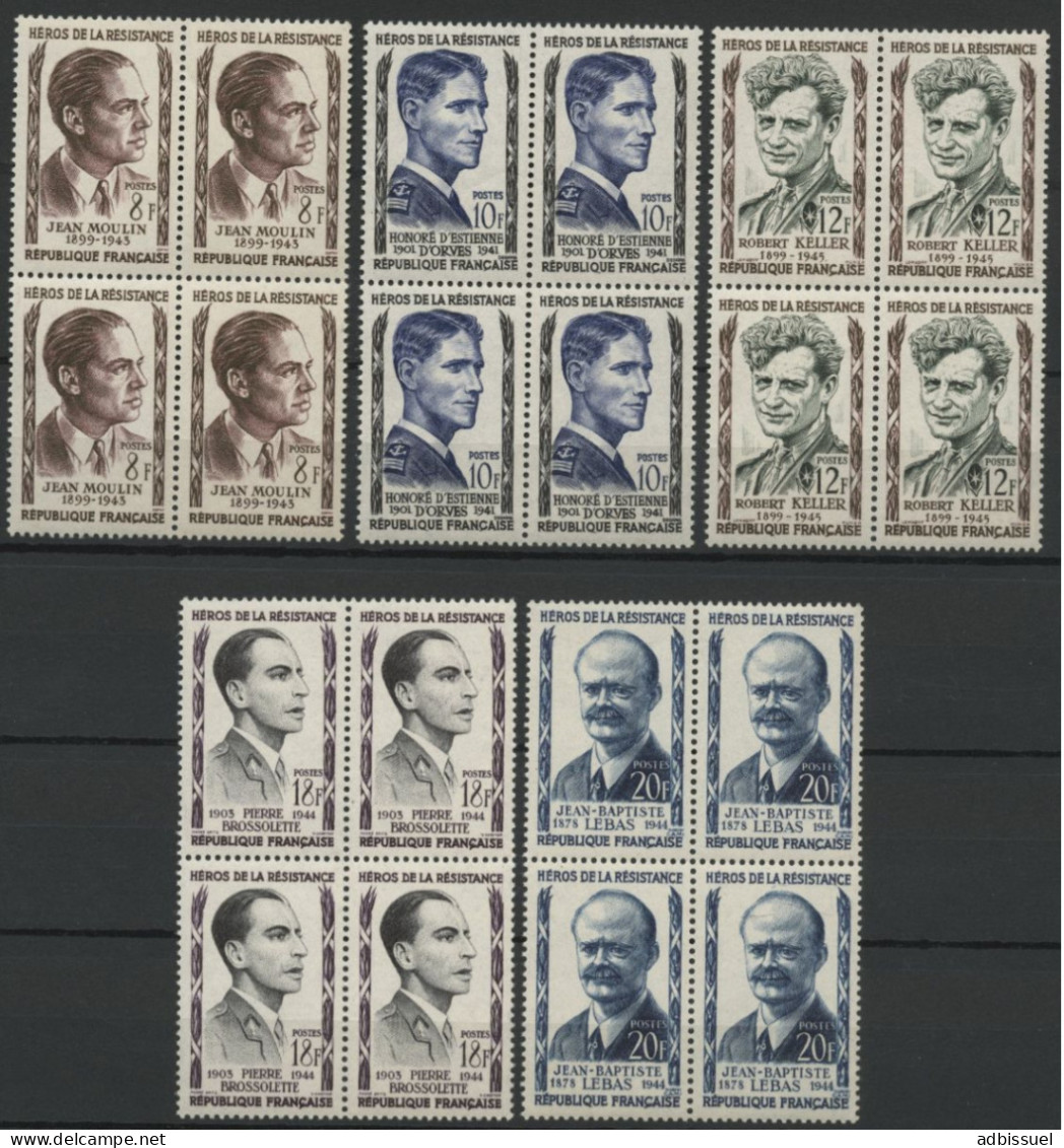 N° 1100 à 1104 SERIE DES HEROS DE LA RESISTANCE EN BLOCS DE QUATRE Cote 36 € Neufs ** (MNH). TB - Neufs