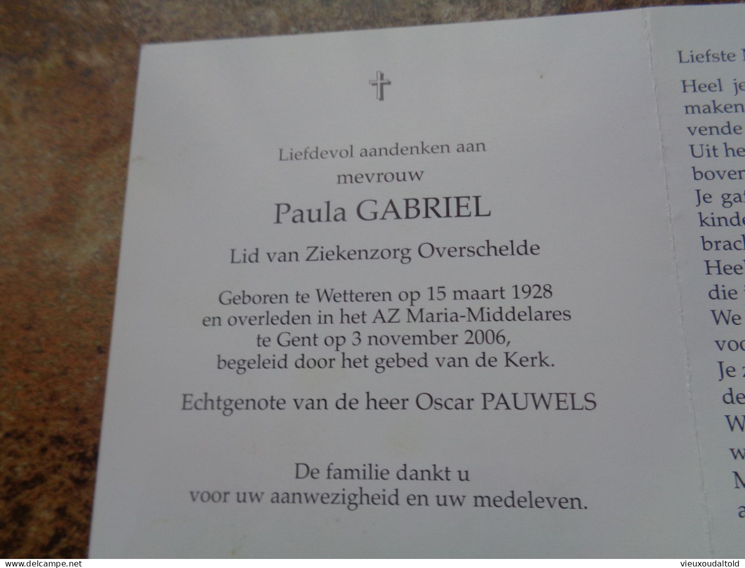 Doodsprentje/Bidprentje  Paula GABRIEL   Wetteren 1928-2006 Gent  (Echtg Oscar PAUWELS) - Religion & Esotérisme
