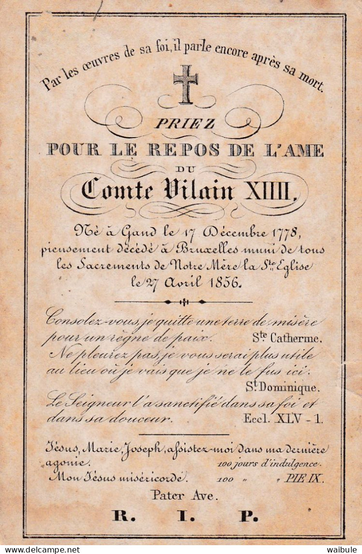 Souvenir Décès Comte Vilain XIII Ou XIV Gang 1778 Bruxelles 1856 Noblesse Belge - Places