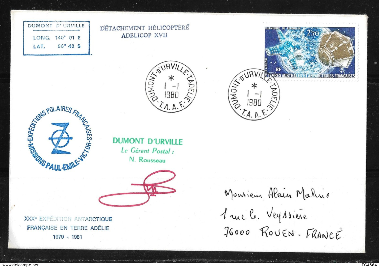 92-Y&T PA 49 Du 1.1.1980TERRE ADELIE. Superbe Pli Détachement ADELICOP XVII Signature Gérant Postal-XXXème MISSION - Storia Postale