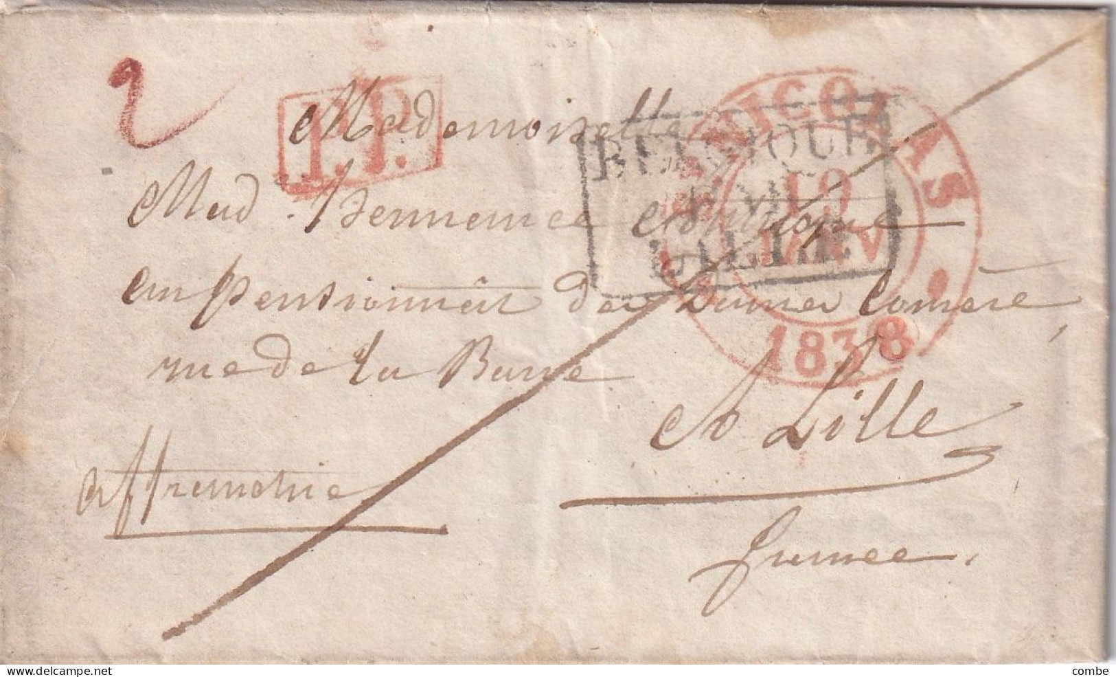 LETTRE. BELGIQUE. 19 JANV 1838. St NICOLAS. PP POUR LILLE. BELGIQUE PAR LILLE - 1830-1849 (Belgica Independiente)