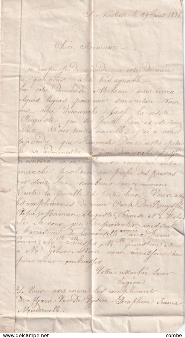 LETTRE. BELGIQUE. 19 JANV 1838. St NICOLAS. PP POUR LILLE. BELGIQUE PAR LILLE - 1830-1849 (Belgique Indépendante)