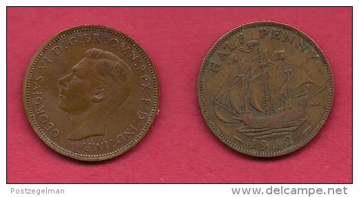 UK, 1942, Very Fine Used Coin, 1/2 Penny, George VI, Bronze, KM 844, C2173 - C. 1/2 Penny