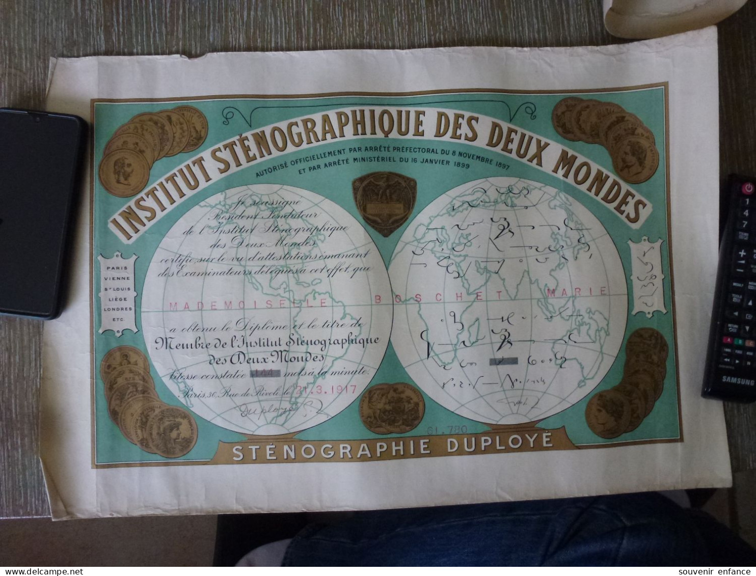 Institut Sténographique Des Deux Mondes 1917 144 Mots à La Minute - Diplome Und Schulzeugnisse