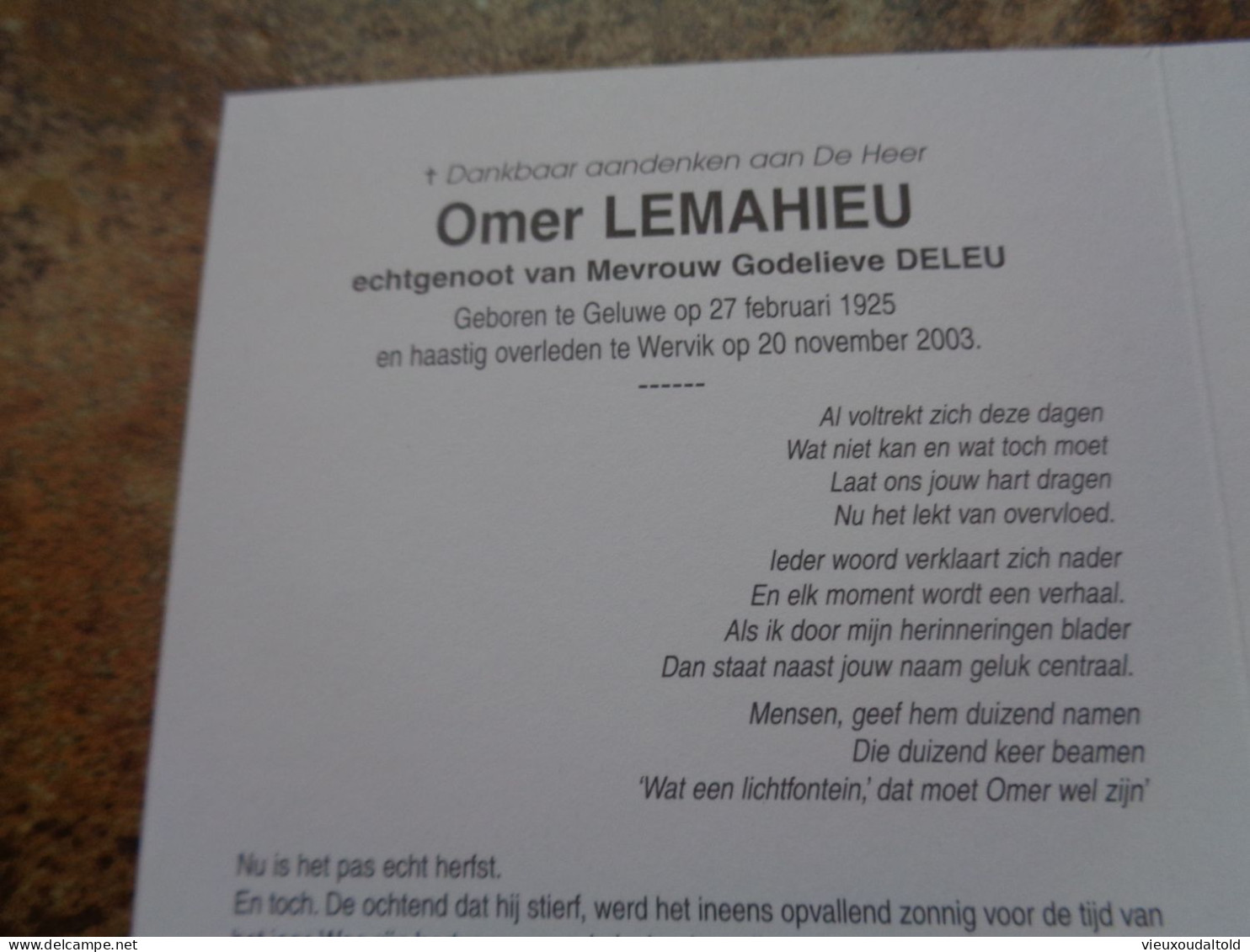 Doodsprentje/Bidprentje  Omer LEMAHIEU   Geluwe 1925-2003 Wervik  (Echtg G. DELEU) - Godsdienst & Esoterisme