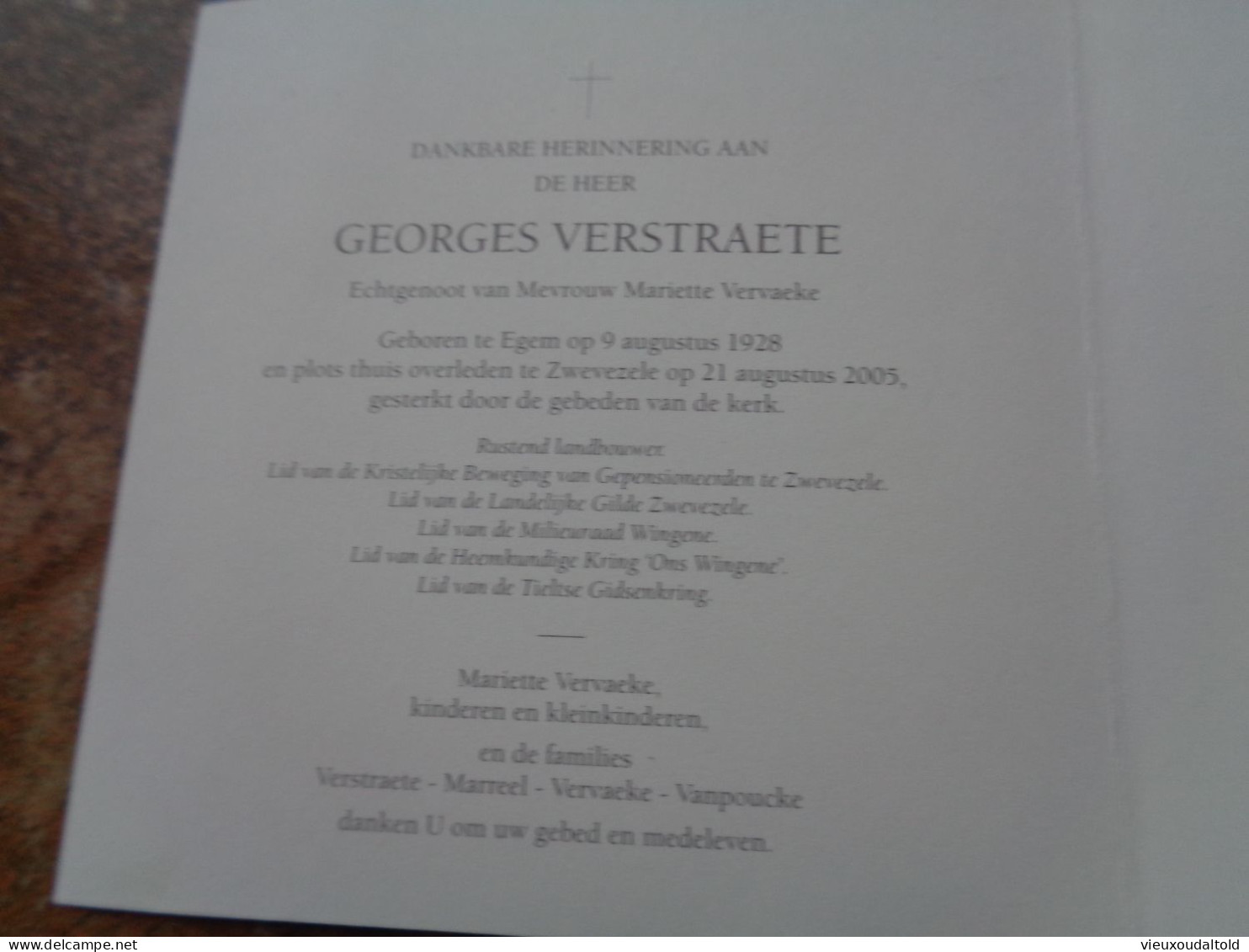 Doodsprentje/Bidprentje GEORGES VERSTRAETE   Egem 1928-2005 Zwevezele  (Echtg M. Vervaeke) - Godsdienst & Esoterisme