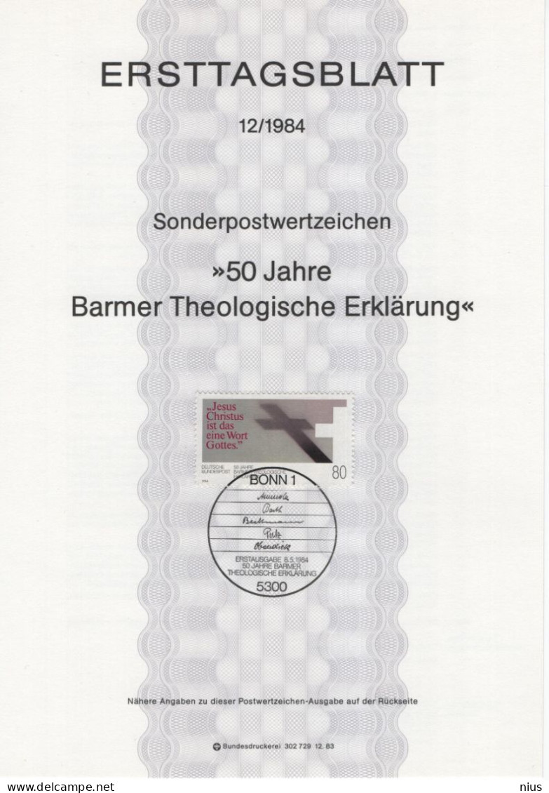 Germany Deutschland 1984-12 First Day Sheet ETB, 50 Jahre Barmer Theologische Erklärung, Canceled In Bonn - 1981-1990