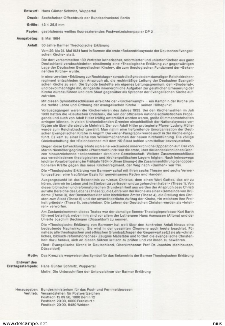 Germany Deutschland 1984-12 First Day Sheet ETB, 50 Jahre Barmer Theologische Erklärung, Canceled In Bonn - 1981-1990