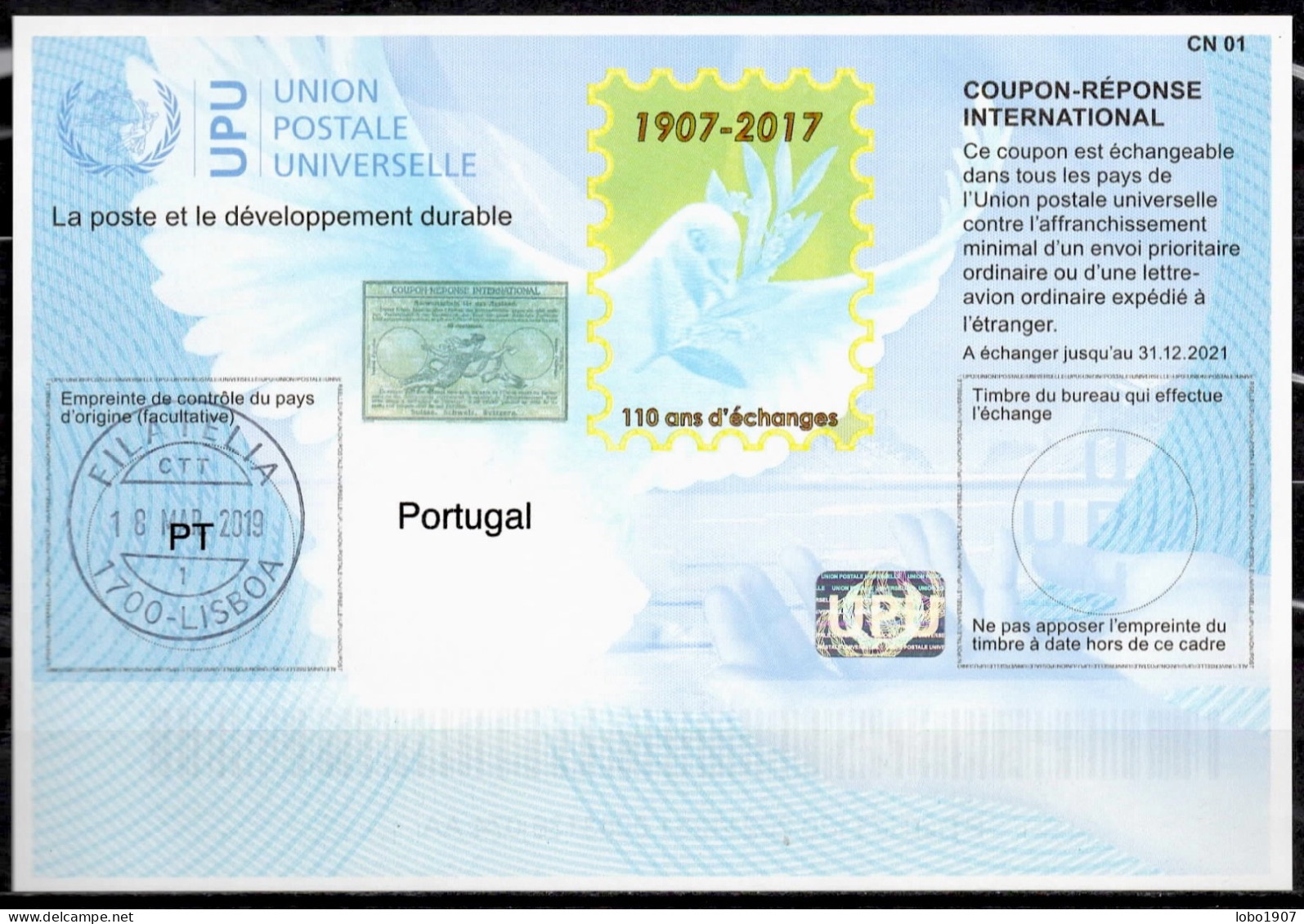 PORTUGAL  Is42  20171120 AA International Reply Coupon Reponse Antwortschein Cupao Resposta IRC IAS  O LISBOA 18.03.2019 - Enteros Postales