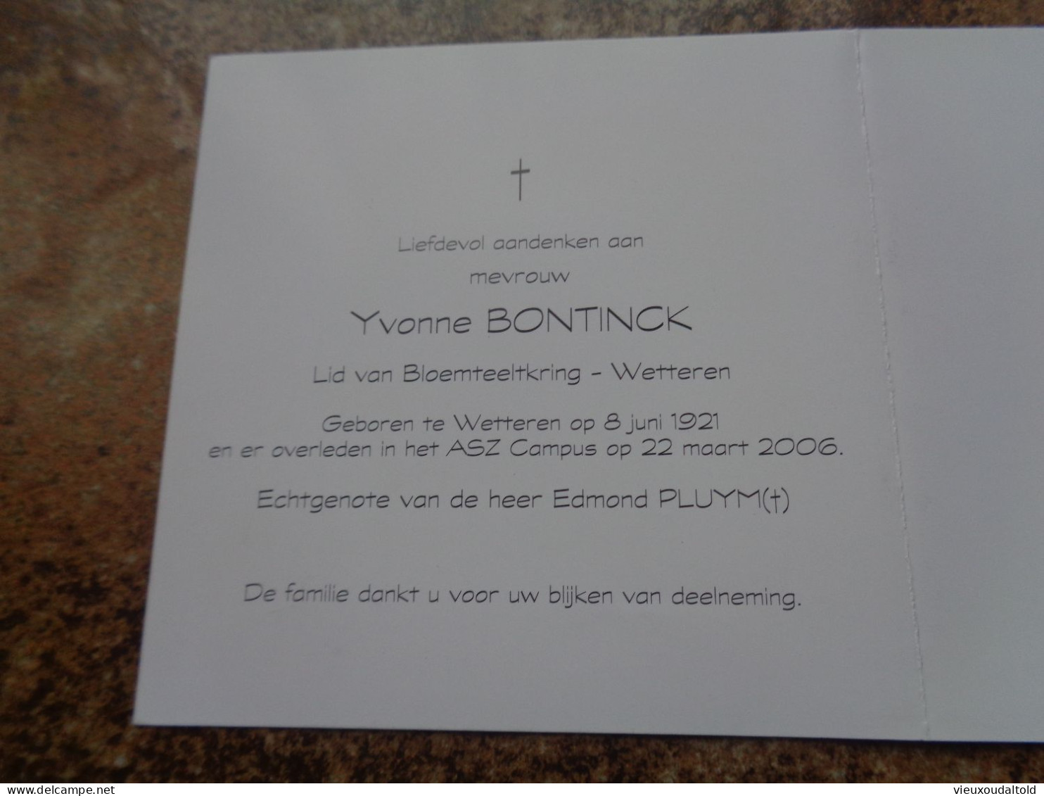 Doodsprentje/Bidprentje  Yvonne BONTINCK   Wetteren 1921-2006  (Wwe Edmond PLUYM) - Religion & Esotericism
