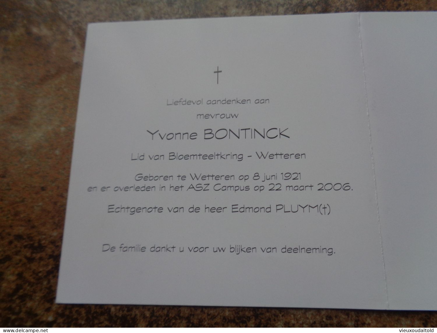 Doodsprentje/Bidprentje  Yvonne BONTINCK   Wetteren 1921-2006  (Wwe Edmond PLUYM) - Godsdienst & Esoterisme