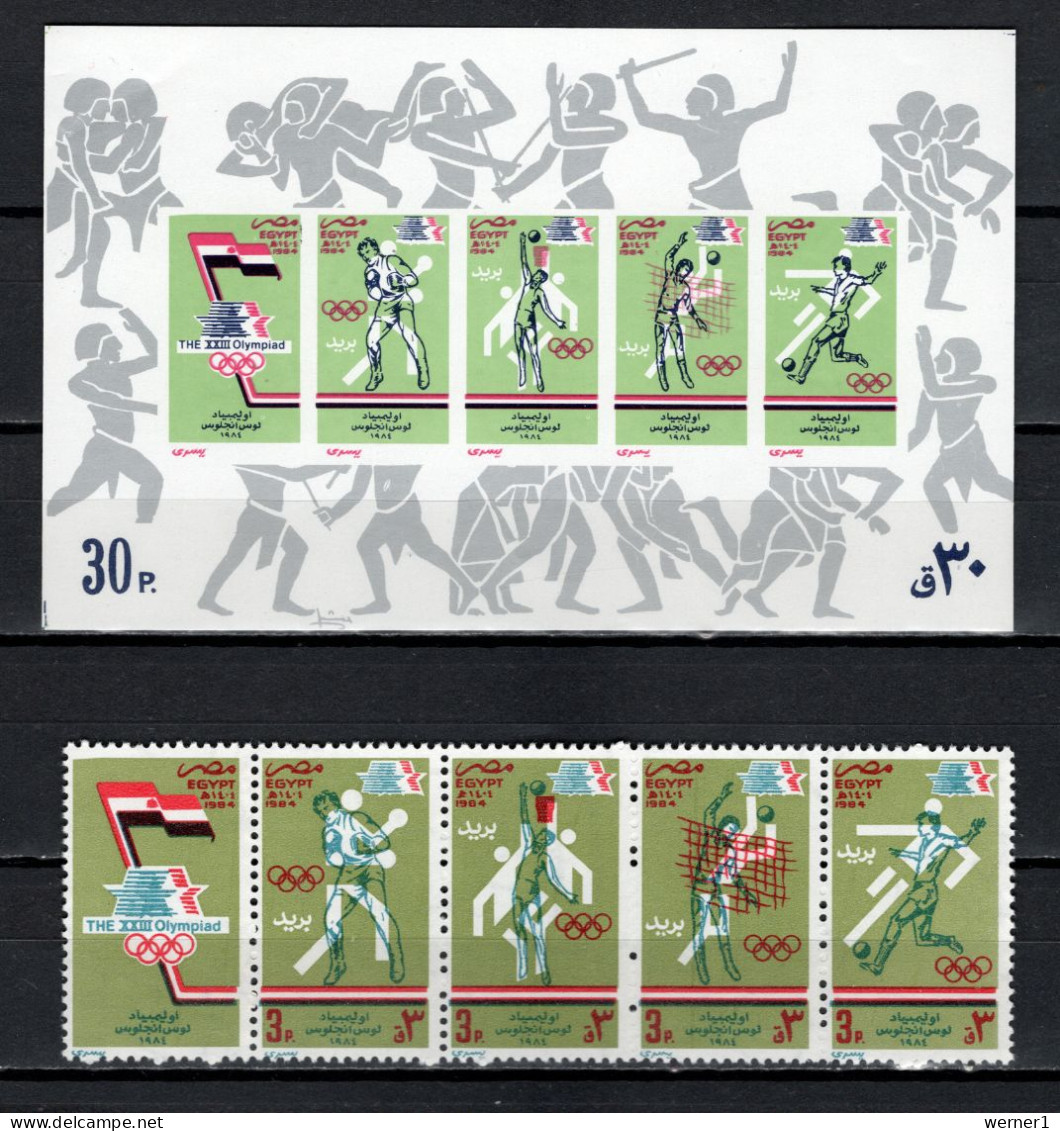 Egypt 1984 Olympic Games Los Angeles, Boxing, Basketball, Volleyball, Football Soccer Strip Of 5 + S/s MNH - Verano 1984: Los Angeles