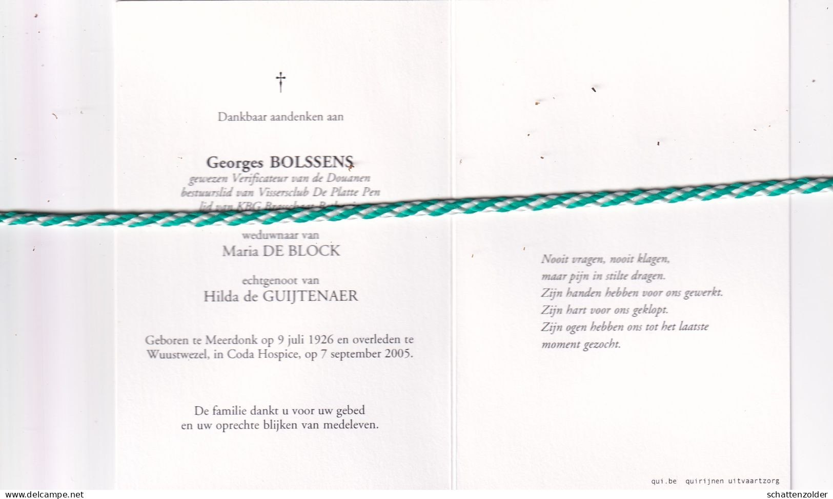 Georges Bolssens-De Block-de Guijtenaer, Meerdonk 1926, Wuustwezel 2005. Foto - Todesanzeige