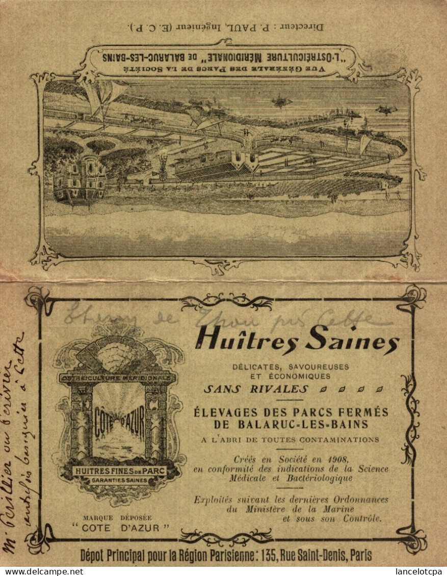 CARTE DE VISITE DOUBLE / HUITRES SAINES - ELEVAGES DES PARCS FERMES DE BALARUC LES BAINS - Visitekaartjes