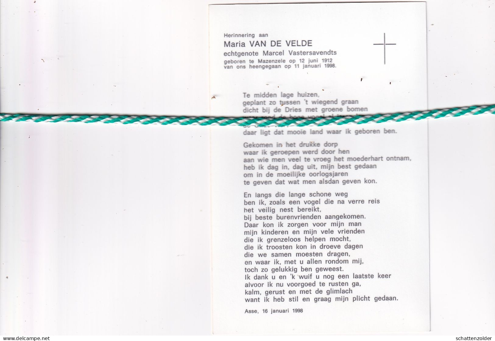 Maria Van De Velde-Vasteravendts; Mazenzele 1912, 1998. Foto - Obituary Notices