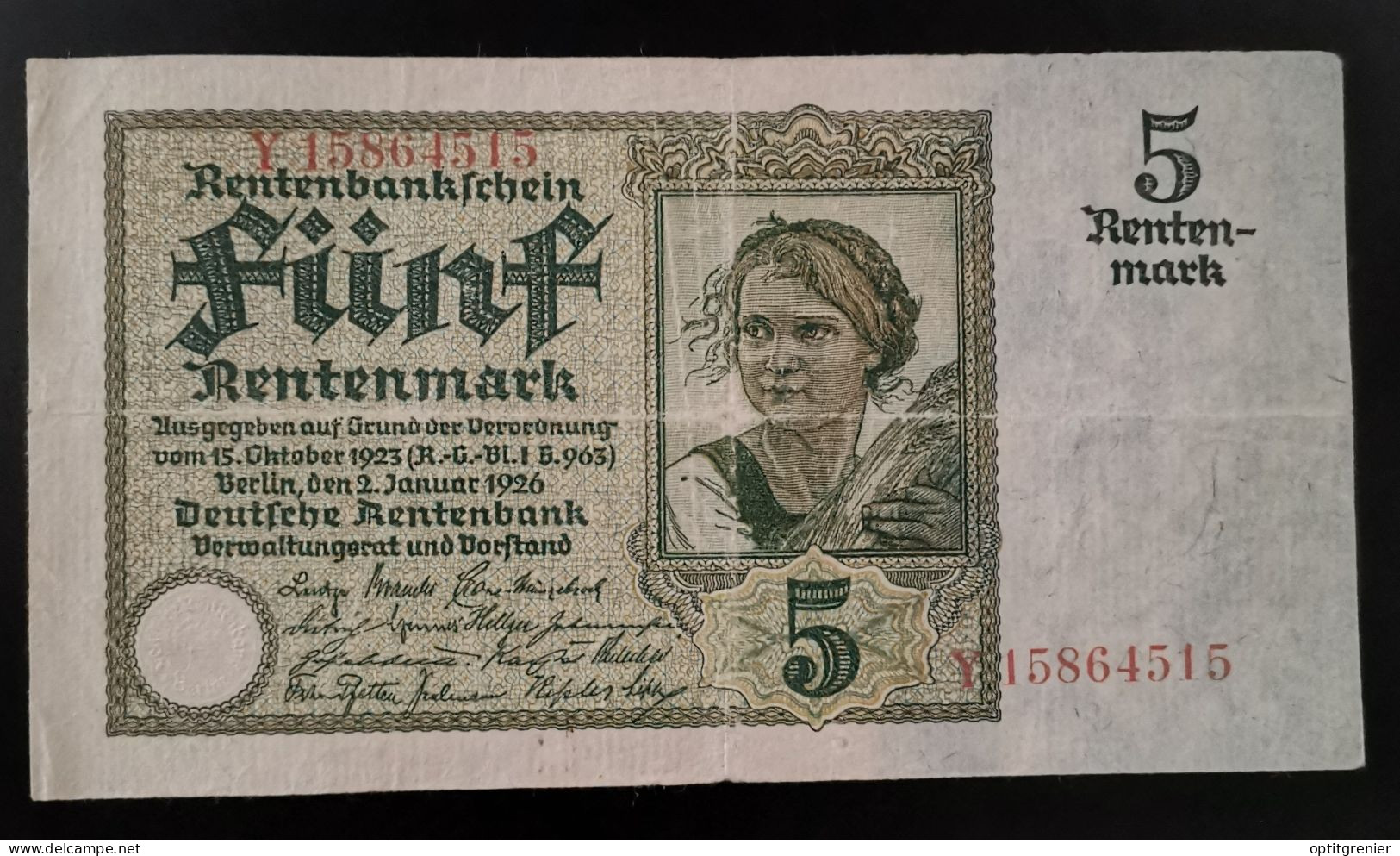 BILLET 5 RENTENMARK 1926 ALLEMAGNE / GERMANY BANKNOTE - 5 Rentenmark