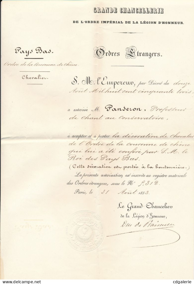 Pièce Signée Duc De Plaisance [Auguste PANSERON] Décoration Chevalier Ordre Couronne De Chêne ET Lettre Ambassadeur - Cantantes Y Musicos