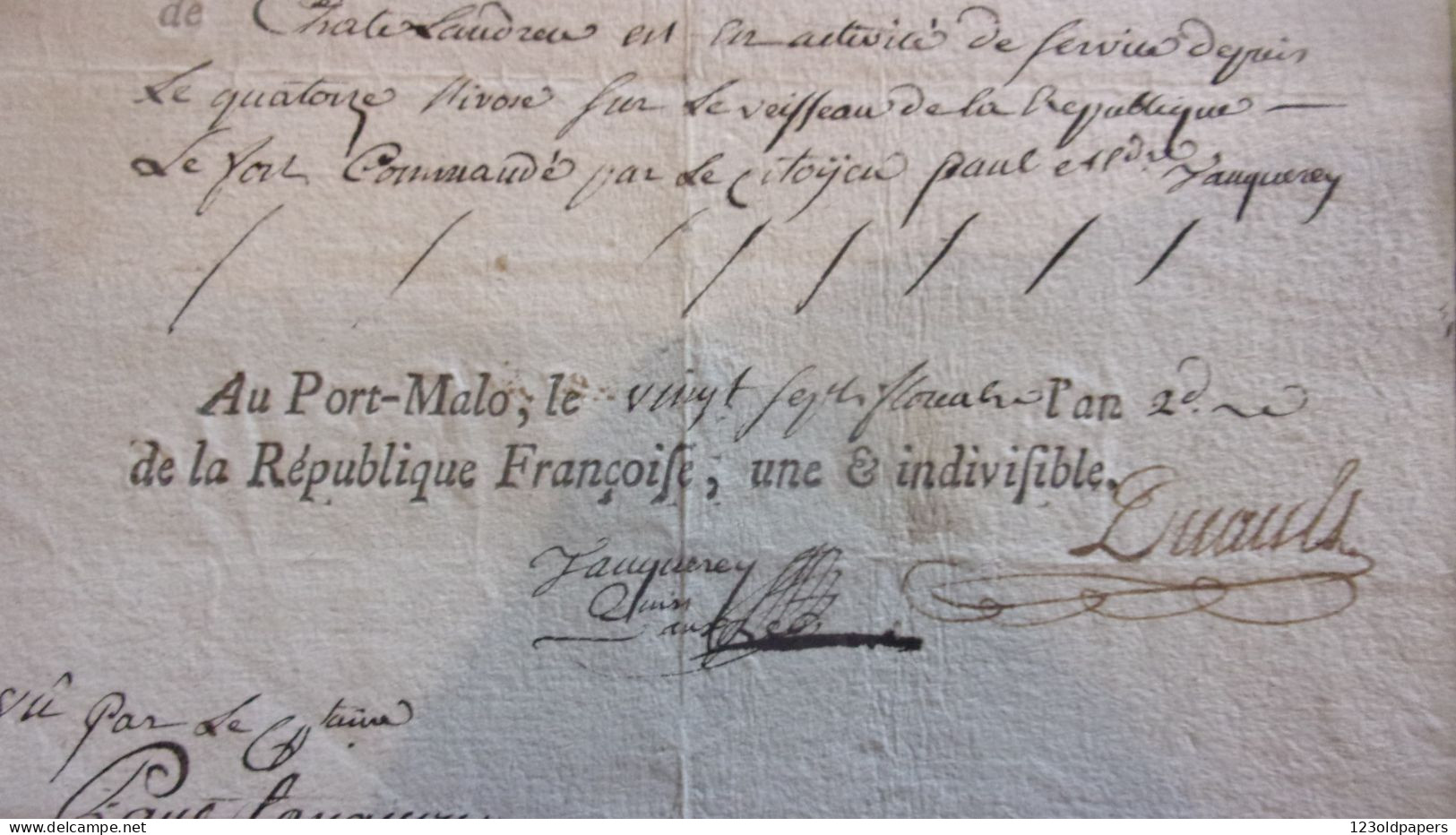 1794 PORT MALO ( SAINT MALO ) CERTIFICAT MARINE DE LA REPUBLIQUE FRANCOISE VAISSEAU REPUBLIQUE CAPITAINE JAUQUEREY - Historische Dokumente