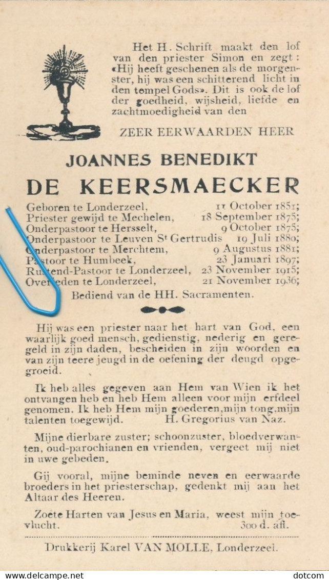 E.H. Joannes Benedikt DE KEERSMAECKER - °Londerzeel 1851- 1936 - Décès