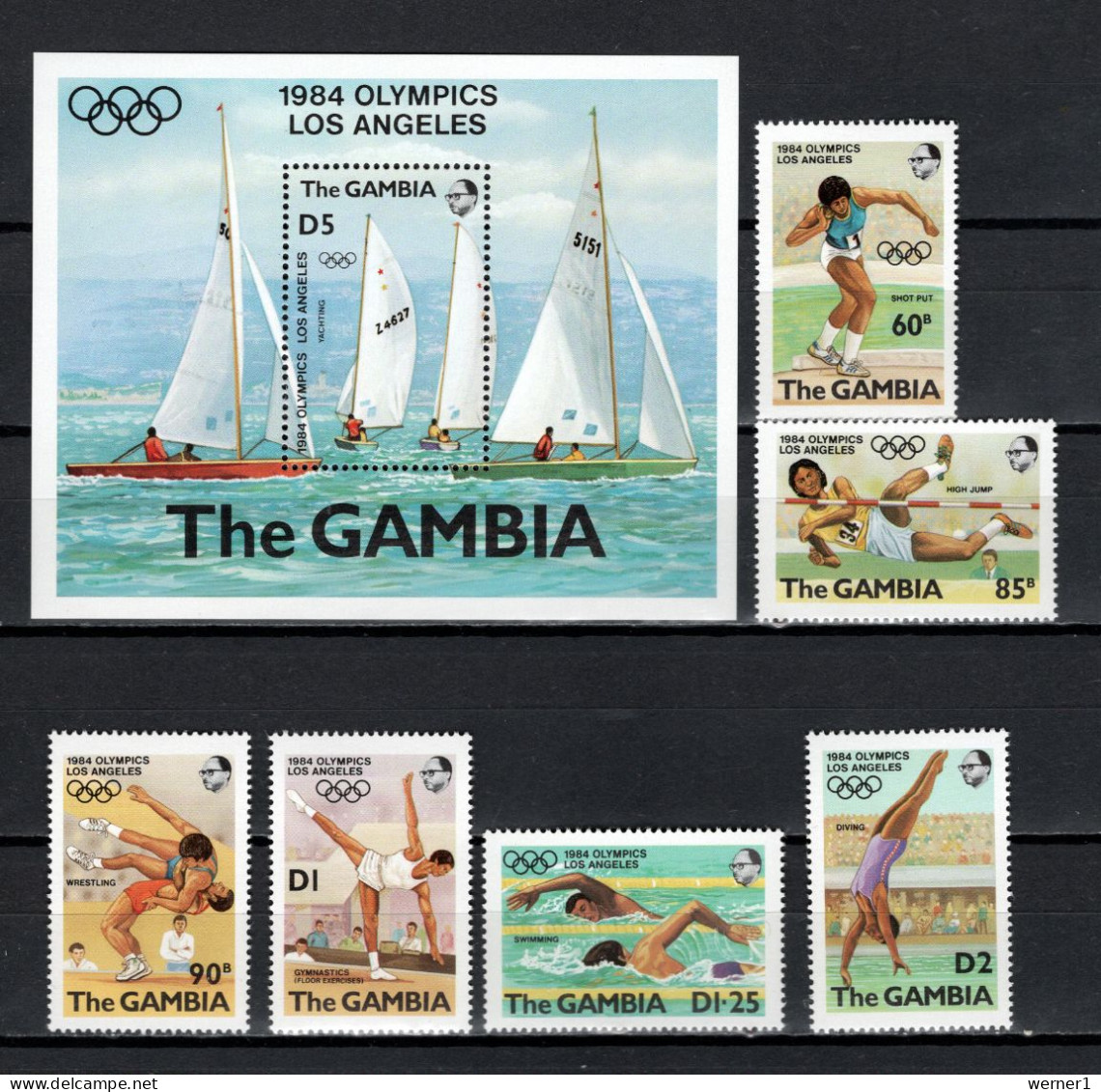 Gambia 1984 Olympic Games Los Angeles, Sailing, Wrestling, Swimming, Athletics Set Of 6 + S/s MNH - Ete 1984: Los Angeles