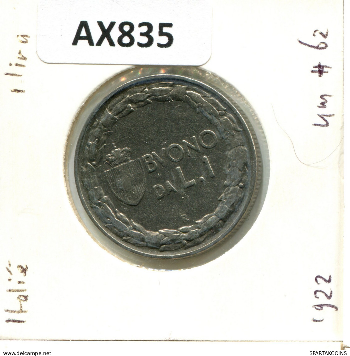 1 LIRA 1922 ITALIA ITALY Moneda #AX835.E.A - 1900-1946 : Víctor Emmanuel III & Umberto II