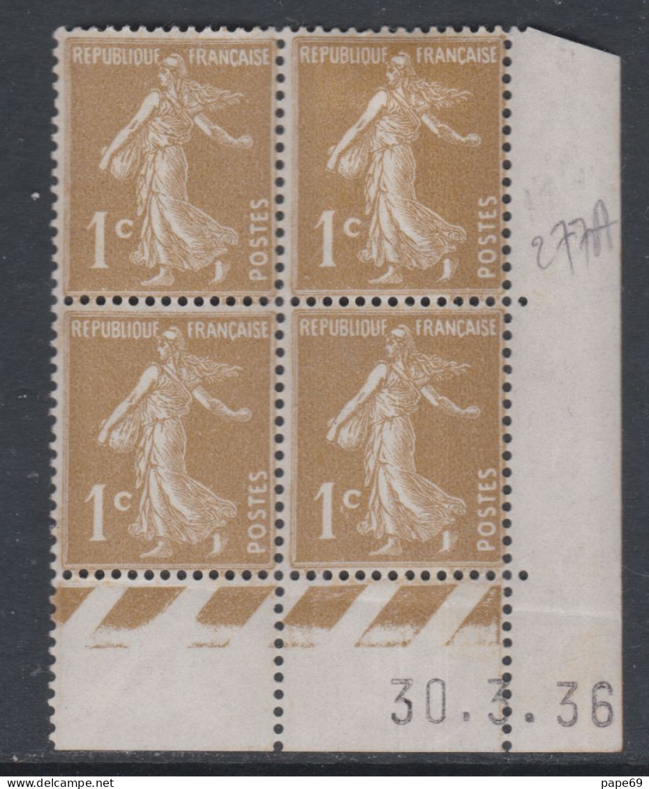 France N° 277A X Type Semeuse : 1 C. Bistre-olive En Bloc De 4 Coin Daté Du 30 . 3 . 36, Ss Point Blanc, Trace Char. TB - 1930-1939