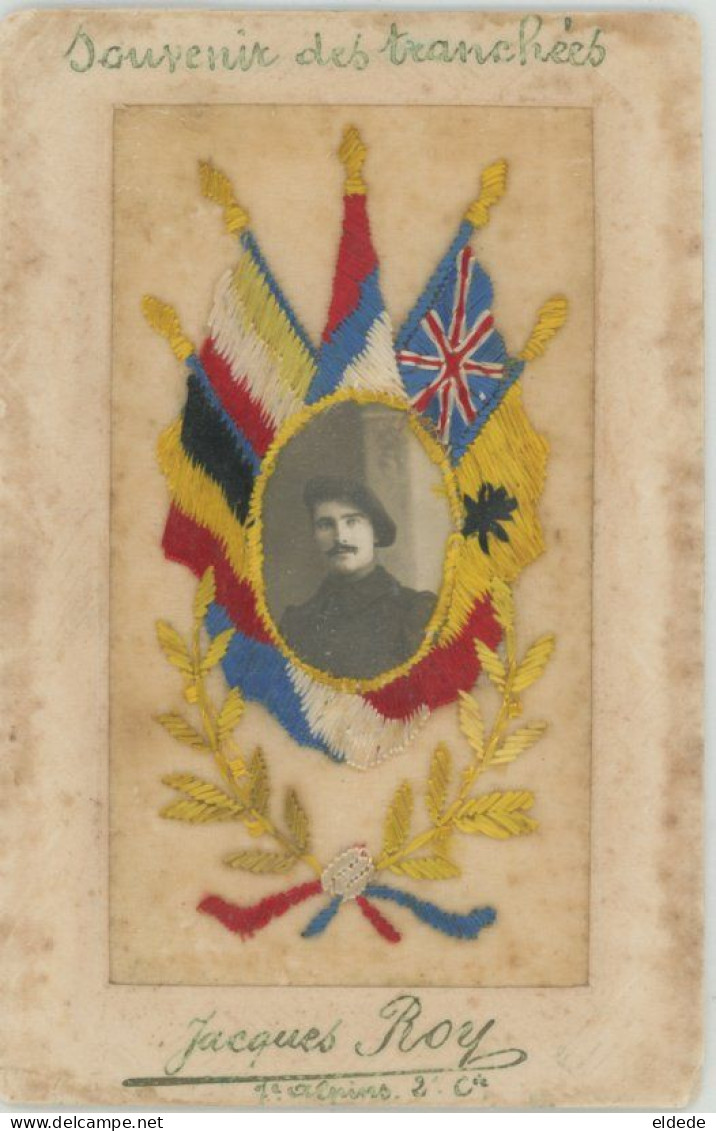 WWI Embroidered Silk  1915 Flag Serbia Russia Italy France UK Belgium  Jacques Roy  Chasseur Alpin - Embroidered