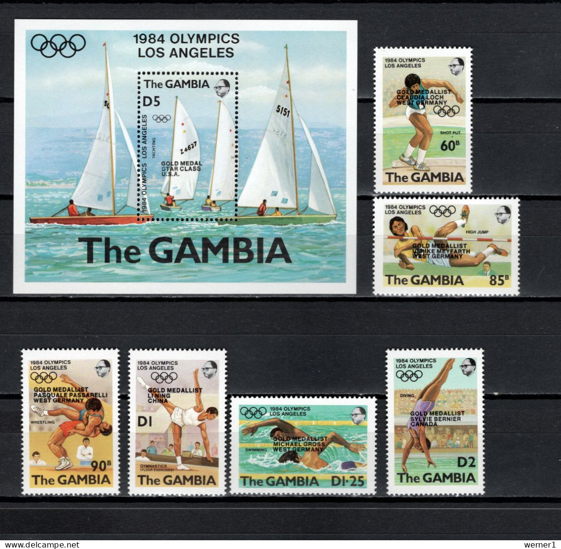 Gambia 1985 Olympic Games Los Angeles, Sailing, Wrestling, Swimming, Athletics Set Of 6 + S/s With Winners Overprint MNH - Zomer 1984: Los Angeles