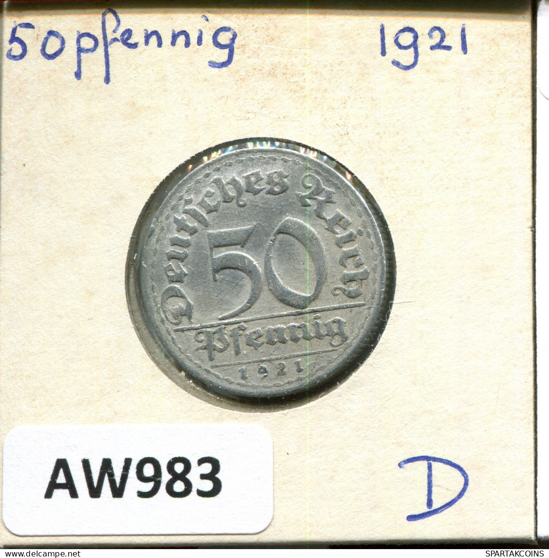 50 PFENNIG 1921 D DEUTSCHLAND Münze GERMANY #AW983.D.A - 50 Rentenpfennig & 50 Reichspfennig