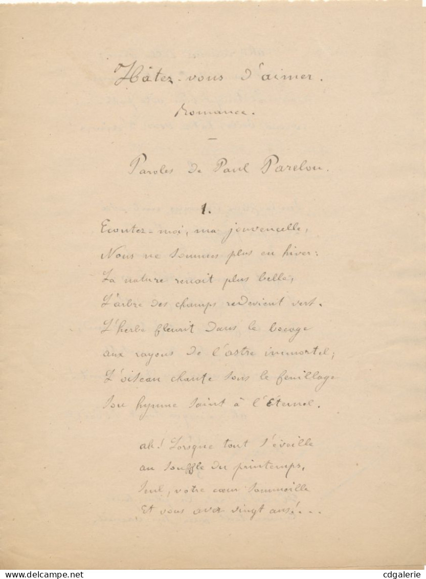 Paul PARELON Manuscrit Autographe Signé Parolier Hâtez-vous D’aimer - Cantantes Y Musicos