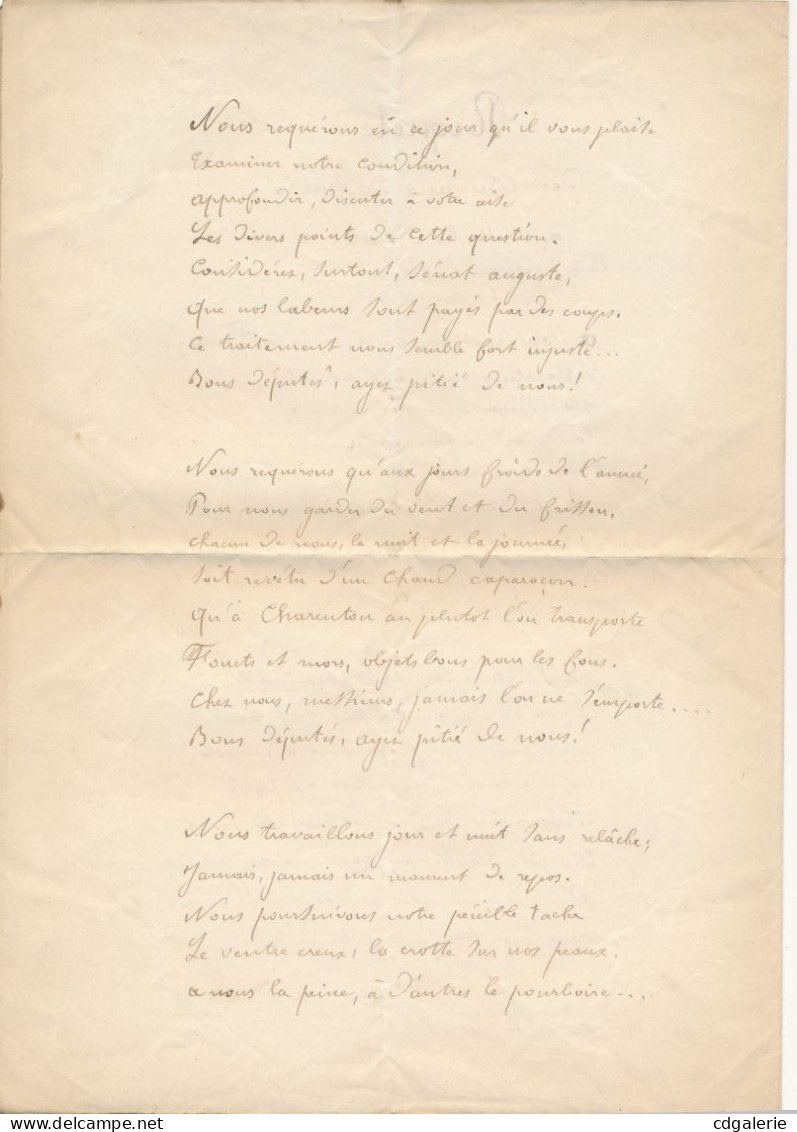 Paul PARELON Manuscrit Autographe Signé Parolier Requête Des Chevaux De Fiacre à M. M. Les Députés - Singers & Musicians