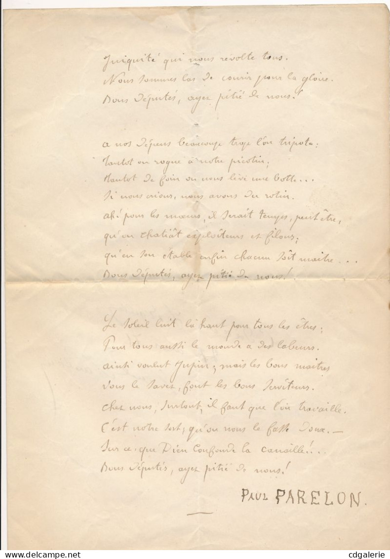 Paul PARELON Manuscrit Autographe Signé Parolier Requête Des Chevaux De Fiacre à M. M. Les Députés - Singers & Musicians