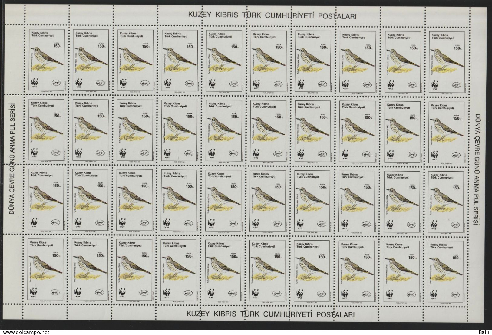 Türkisch Zypern 1990 Michel Nr. 275 ** Bogen 150 L. Vogel Singdrossel, Michel 200,-€ - Ongebruikt