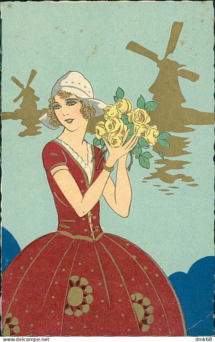 MESCHINI SIGNED 1920s HAND PAINTED POSTCARD / DIPINTA A MANO - WOMAN & MILL & FLOWERS - EDIT ULTRA 2193 (5662) - Sonstige & Ohne Zuordnung