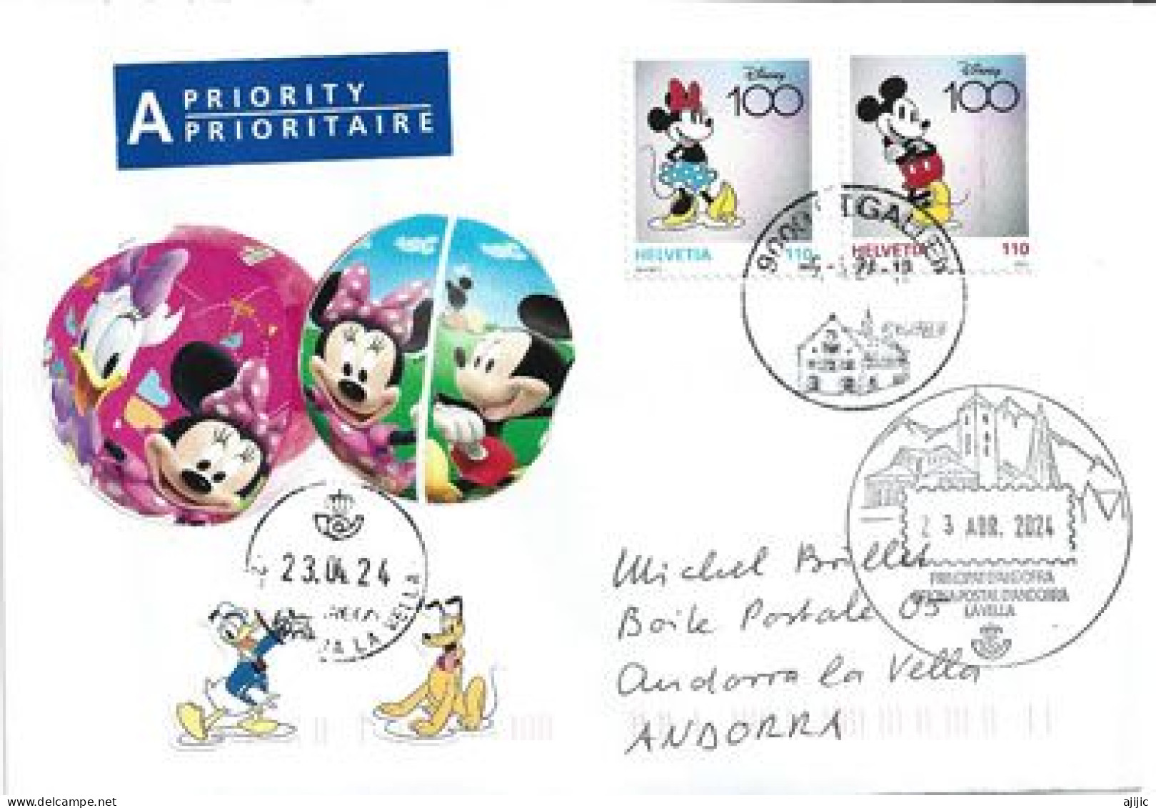 2024. Disney Centenary , Letter To Andorra, With Andorran Illustrated Arrival Postmarks - Briefe U. Dokumente