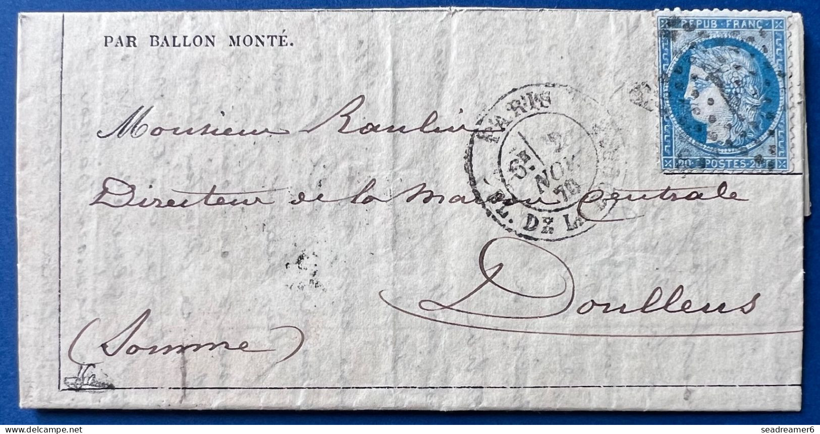 Ballon Monté FERDINAND FLOCON Gazette Des Absents N°1 N°37 20c Bleu Obl étoile 1 + Dateur Du 2 NOV 1870 Pour DOULLENS - Guerra Del 1870